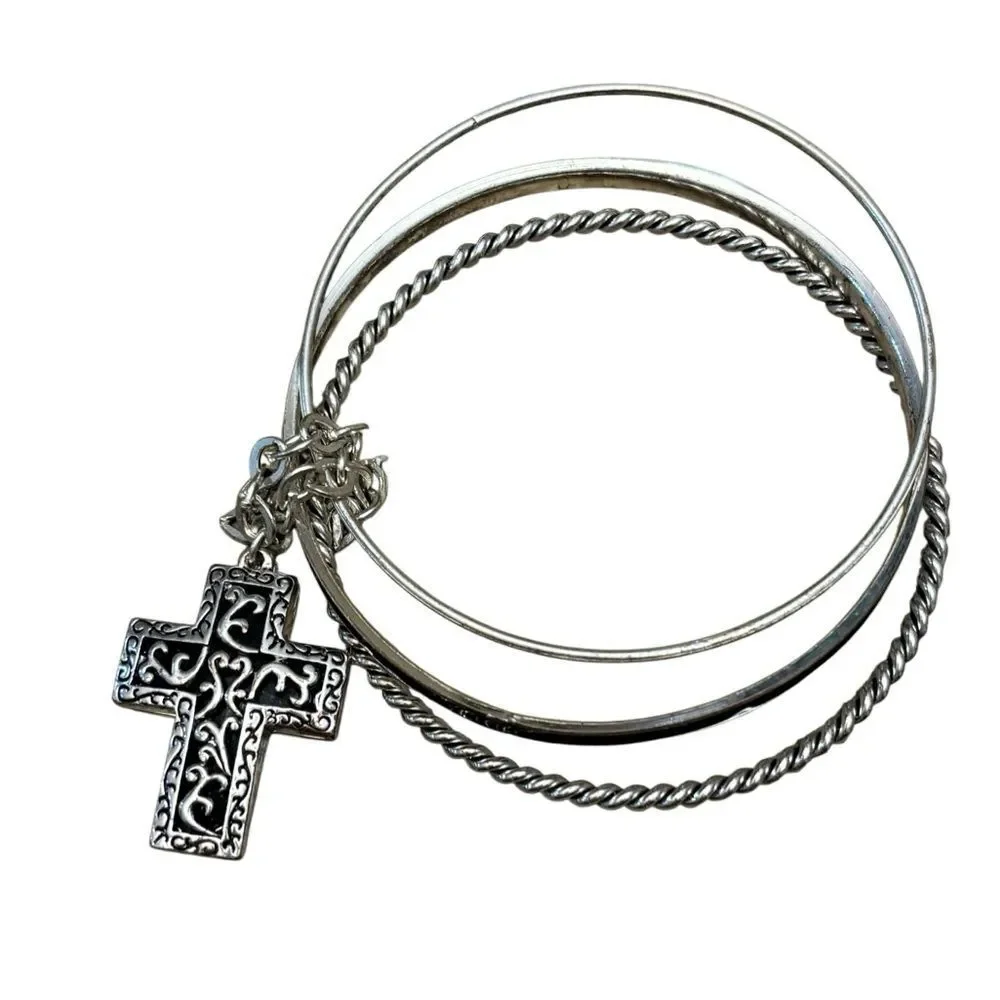 Vintage Silver Tone Bangle Bracelet Stack 3pc Filigree Cross Charm Boho Western